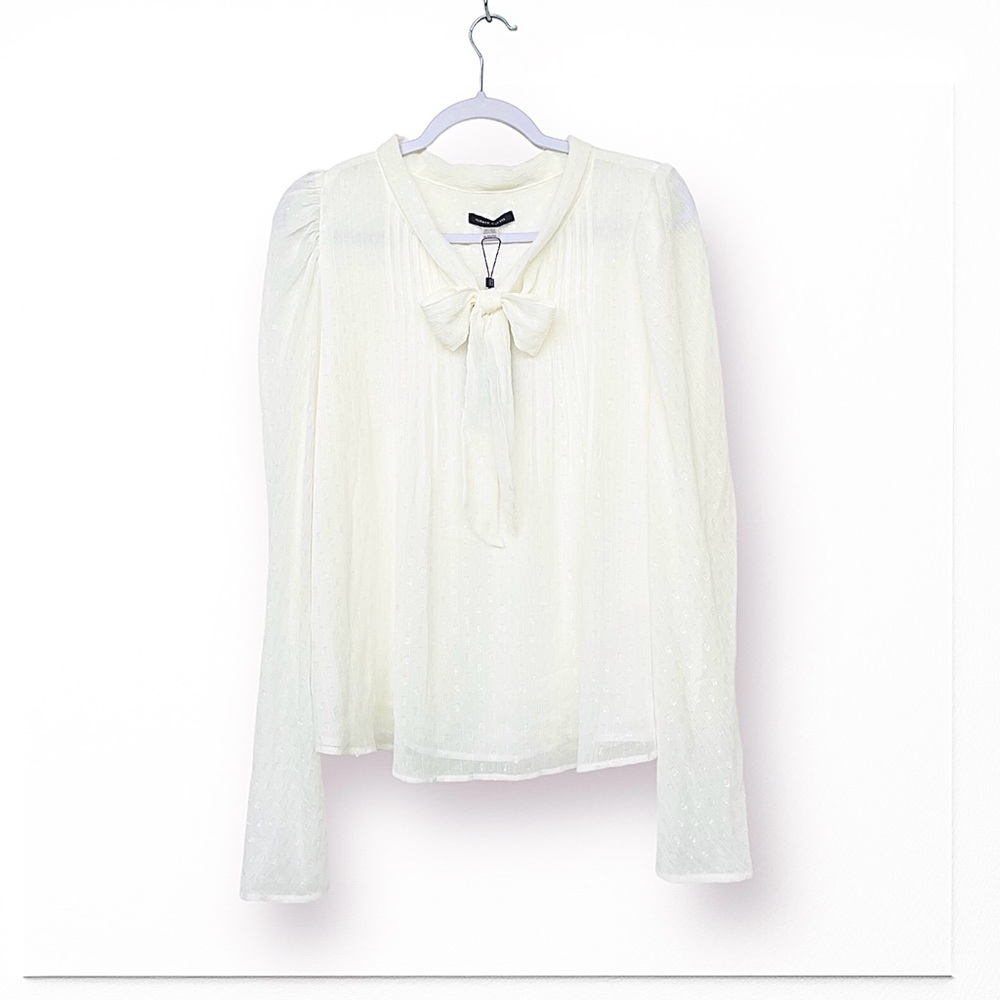 Tommy Hilfiger Georgette Shirt Tie-Neck Swiss Dot Textured Long Sleeve Pin-tuck